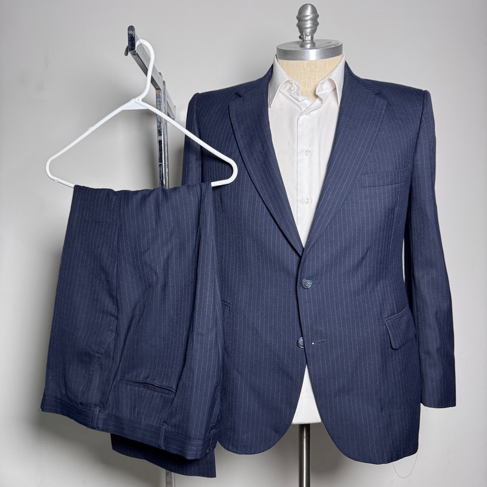 Johnny Carson Suit Mens 42R‎ W38 L29 Navy Blue Pinstripe Vintage 2-Button Blazer